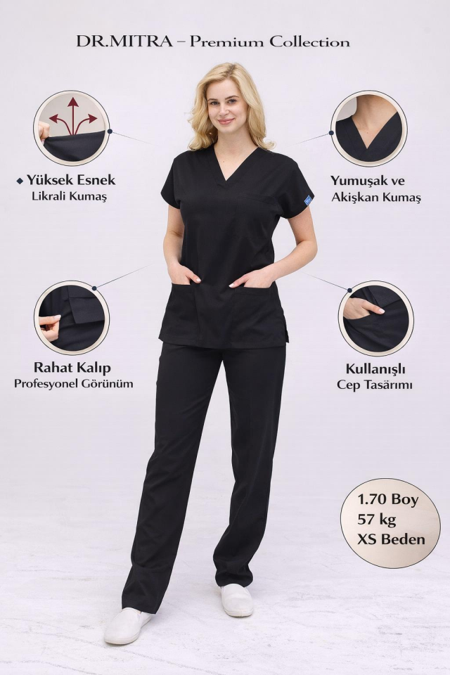 Siyah Likralı Hemşire Doktor Forması Unisex Cerrahi Takım Scrubs Üniforma