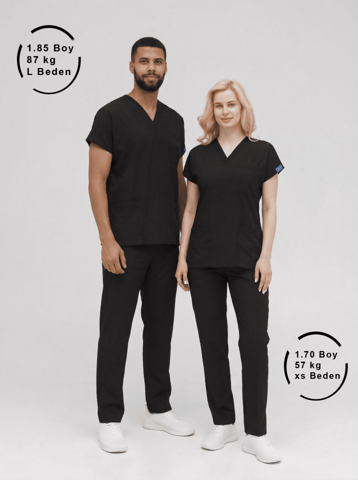 Siyah Likralı Hemşire Doktor Forması Unisex Cerrahi Takım Scrubs Üniforma