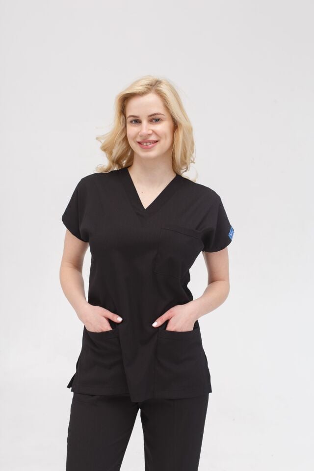 Siyah Likralı Hemşire Doktor Forması Unisex Cerrahi Takım Scrubs Üniforma
