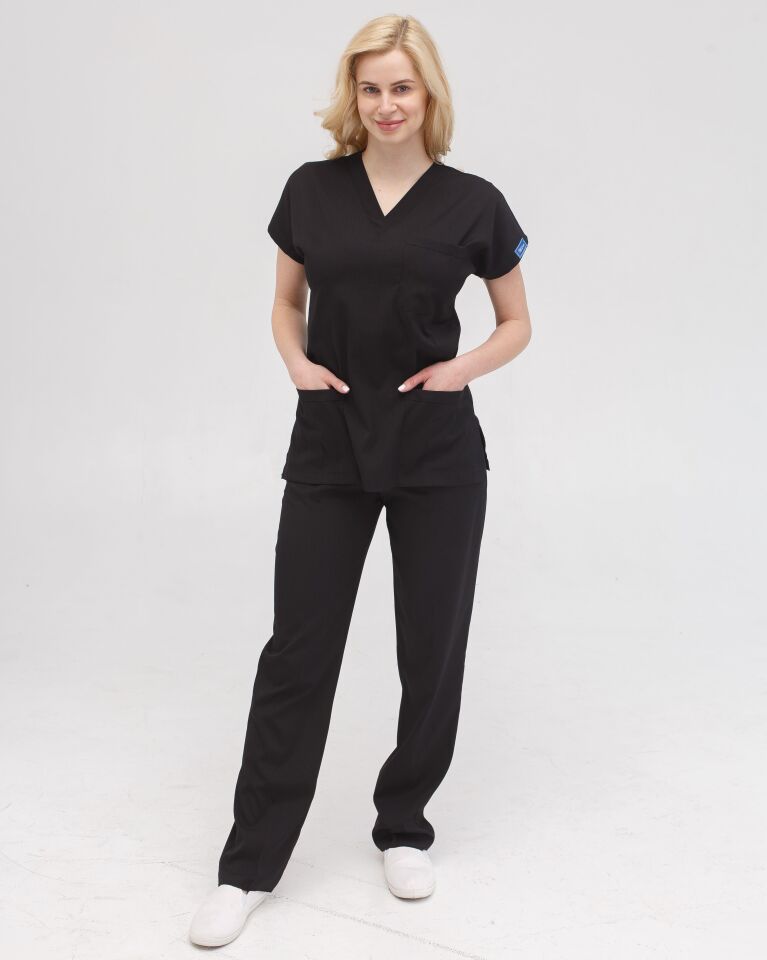 Siyah Likralı Hemşire Doktor Forması Unisex Cerrahi Takım Scrubs Üniforma