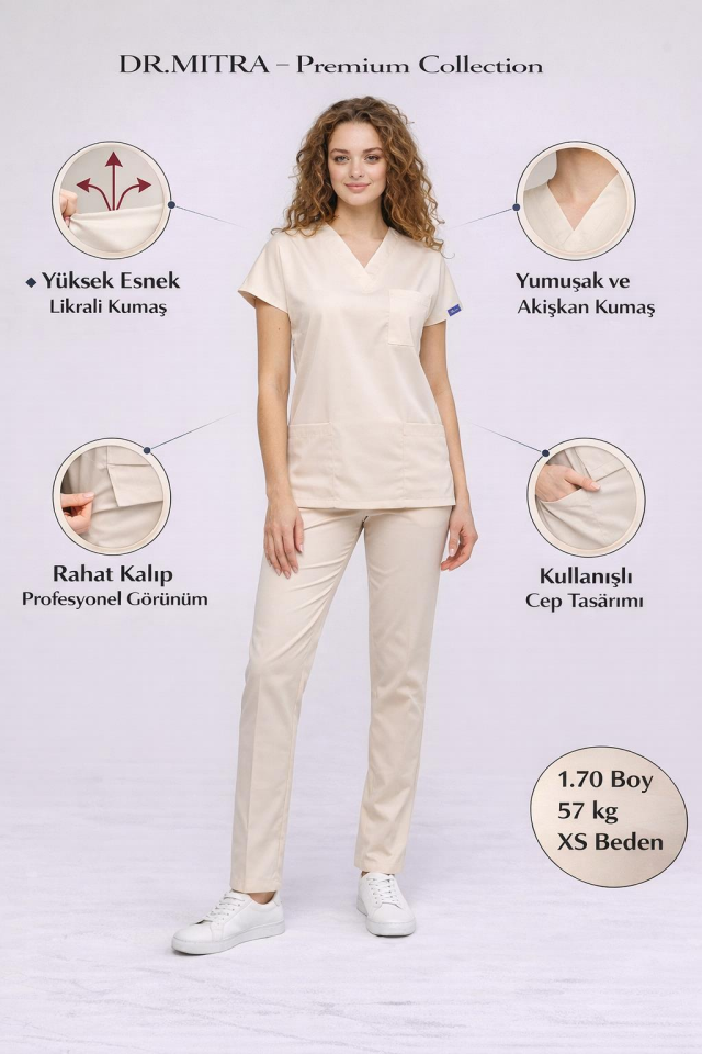 Kum Beji Likralı Hemşire Doktor Forması Unisex Cerrahi Takım Scrubs Üniforma
