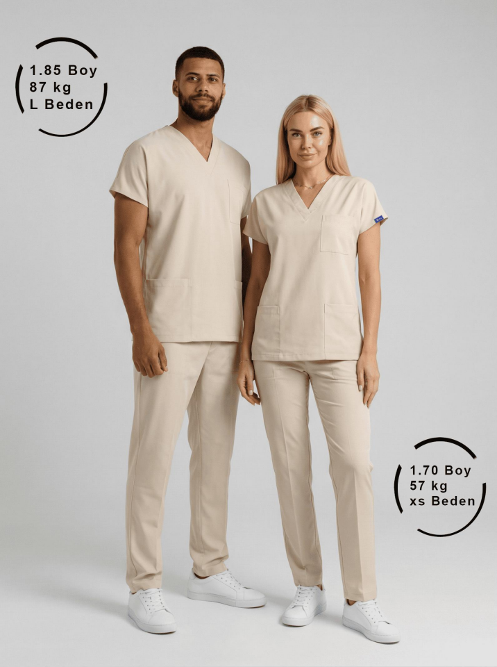 Kum Beji Likralı Hemşire Doktor Forması Unisex Cerrahi Takım Scrubs Üniforma