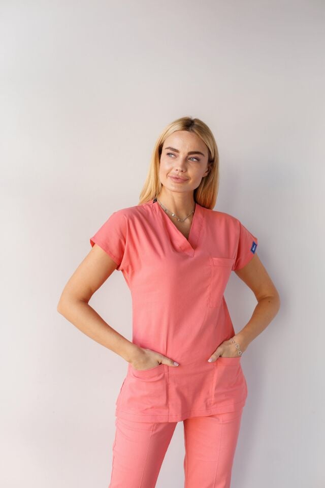 Kadın Likralı Yarasa Kol Hemşire Doktor Takım Somon