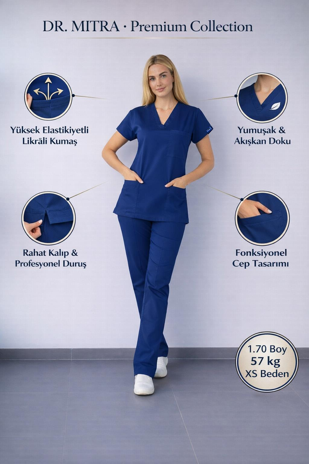 İndigo Açık Lacivert Likralı Hemşire Doktor Forması Unisex Cerrahi Takım Scrubs Üniforma