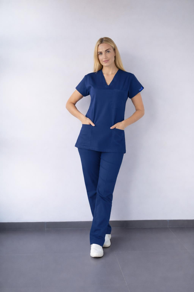 İndigo Açık Lacivert Likralı Hemşire Doktor Forması Unisex Cerrahi Takım Scrubs Üniforma