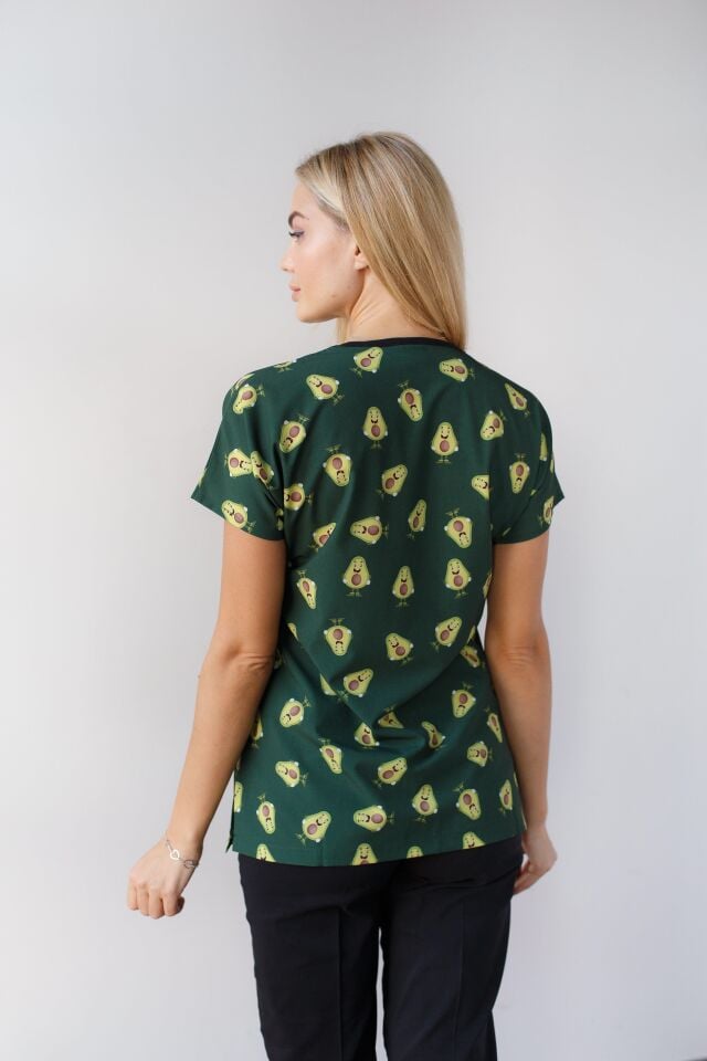 Kadın Likralı Yarasa Kol Hemşire Doktor Takım Avokado Desenli