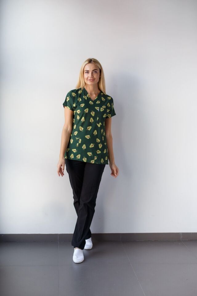 Kadın Likralı Yarasa Kol Hemşire Doktor Takım Avokado Desenli