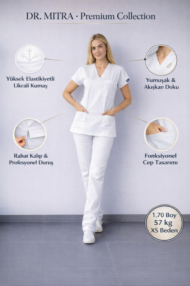 Beyaz  Likralı Hemşire Doktor Forması Unisex Cerrahi Takım Scrubs Üniforma