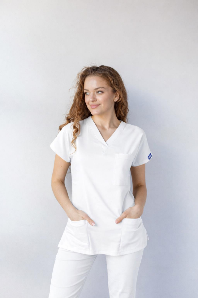 Beyaz  Likralı Hemşire Doktor Forması Unisex Cerrahi Takım Scrubs Üniforma