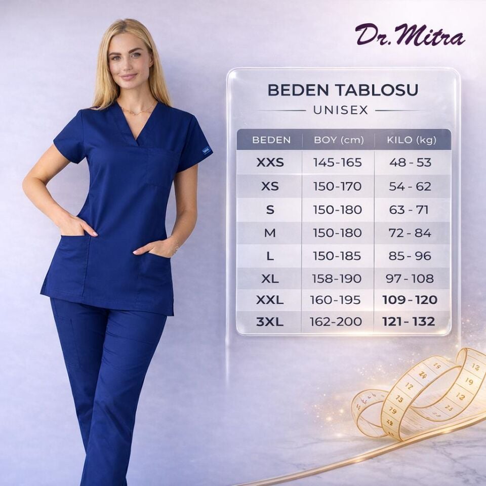 Üst Beyaz Alt Lacivert Likralı Hemşire Doktor Forması Unisex Cerrahi Takım Scrubs Üniforma