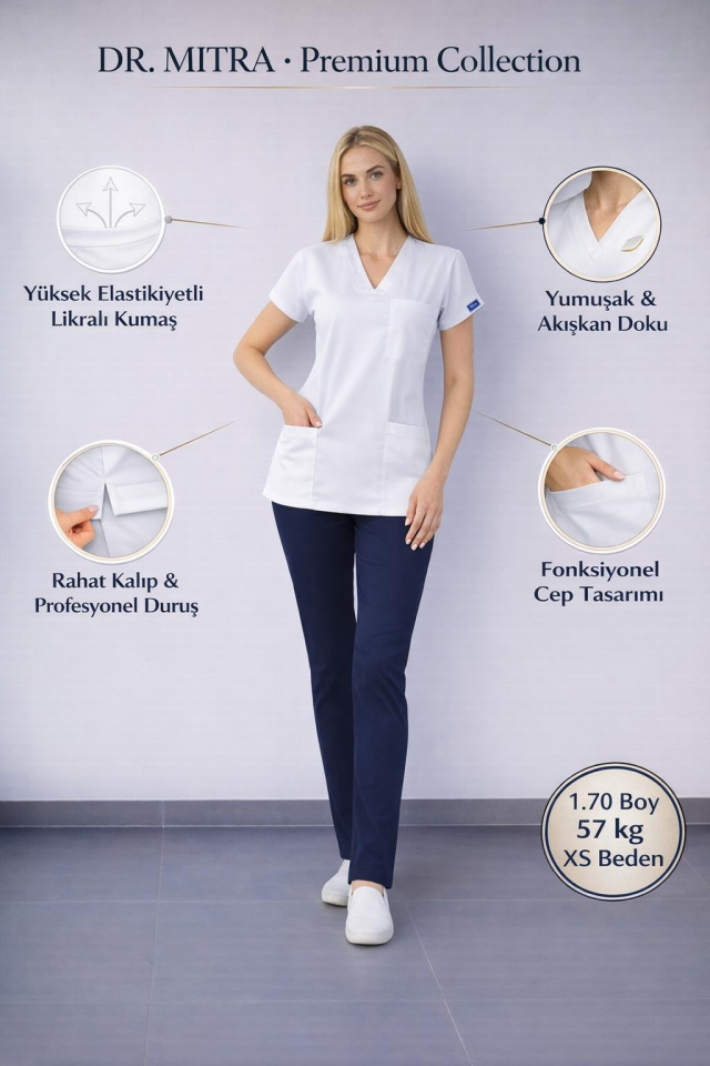 Üst Beyaz Alt Lacivert Likralı Hemşire Doktor Forması Unisex Cerrahi Takım Scrubs Üniforma