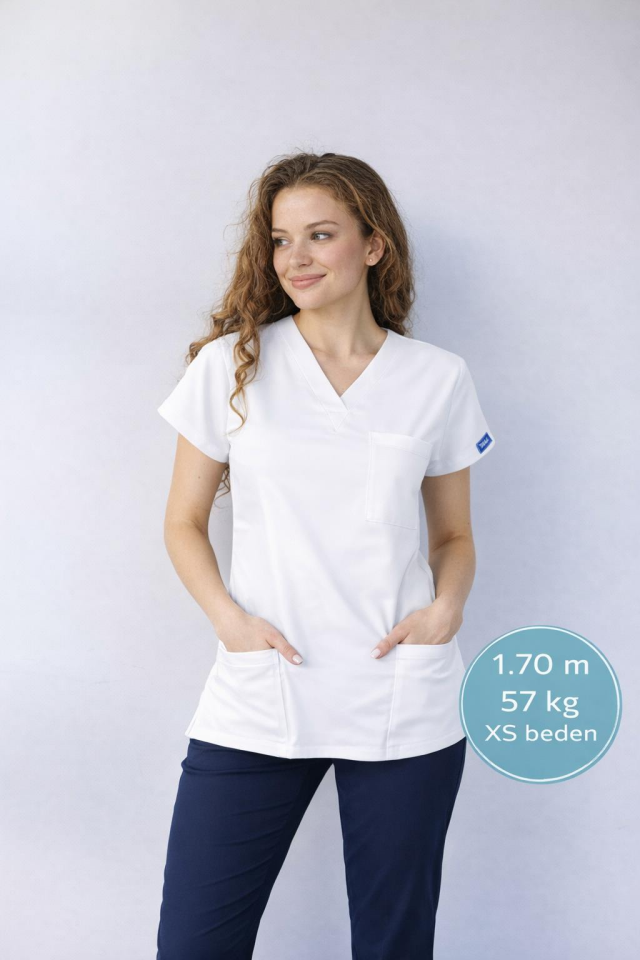 Üst Beyaz Alt Lacivert Likralı Hemşire Doktor Forması Unisex Cerrahi Takım Scrubs Üniforma