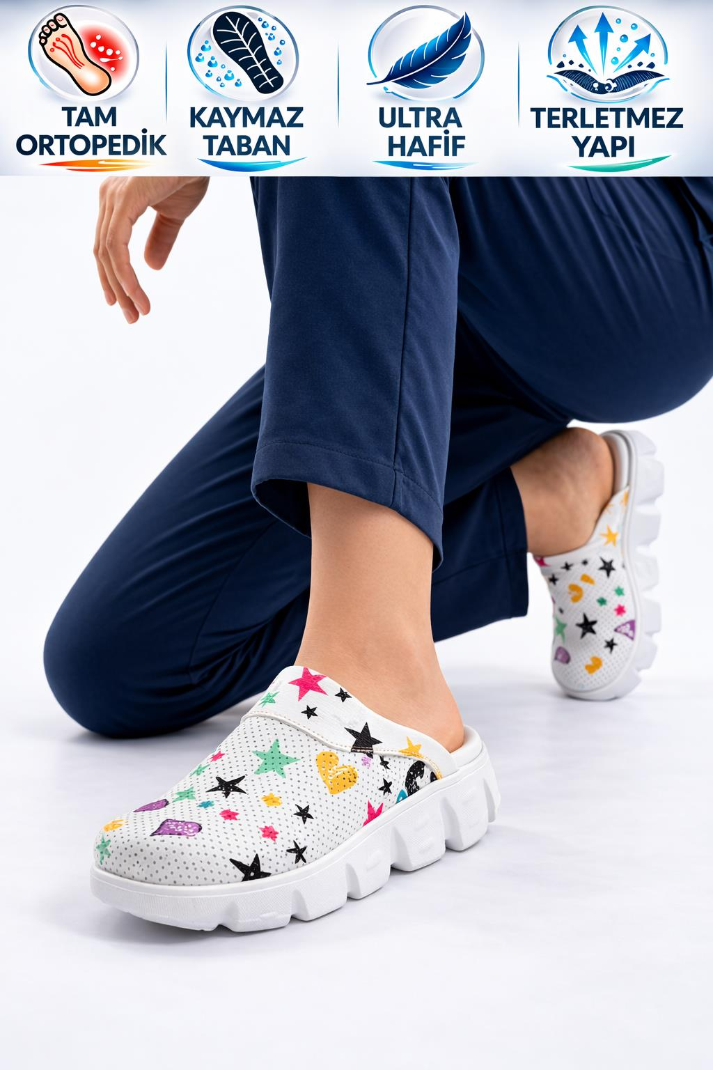 Sabo Terlik Ultra Hafif Hemşire Doktor Medikal Günlük Beyaz Yıldız Flora 7058