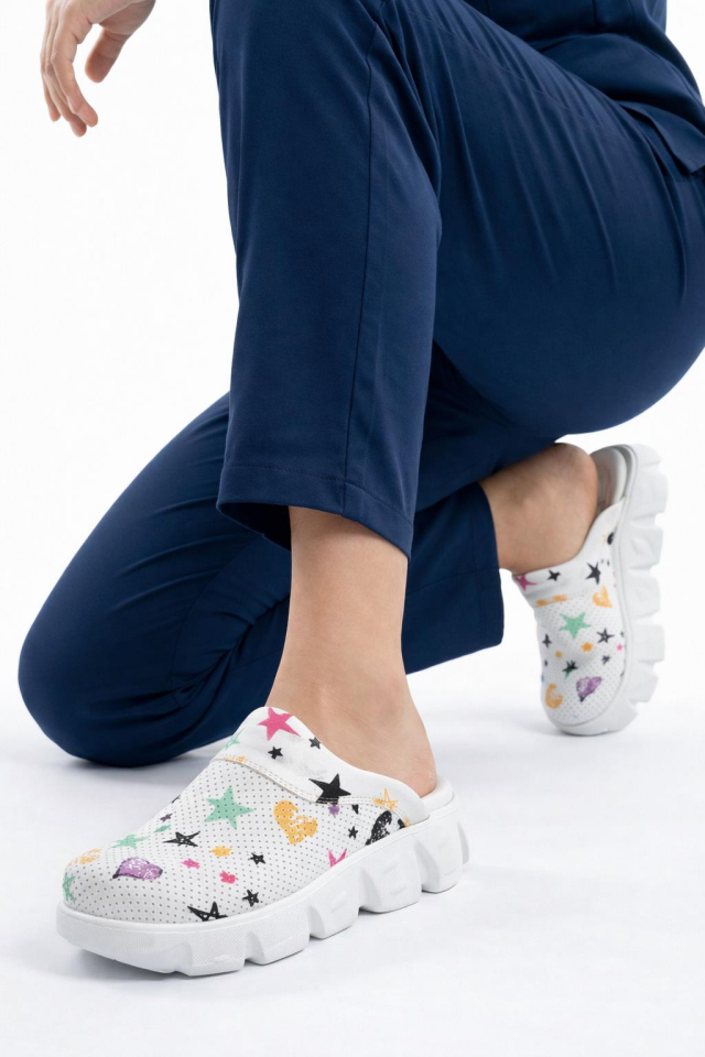 Sabo Terlik Ultra Hafif Hemşire Doktor Medikal Günlük Beyaz Yıldız Flora 7058