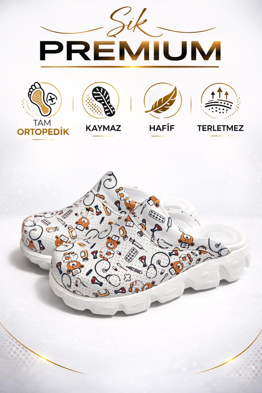 Sabo Terlik Ultra Hafif Hemşire Doktor Medikal Günlük Beyaz Ayıcık Flora 7066