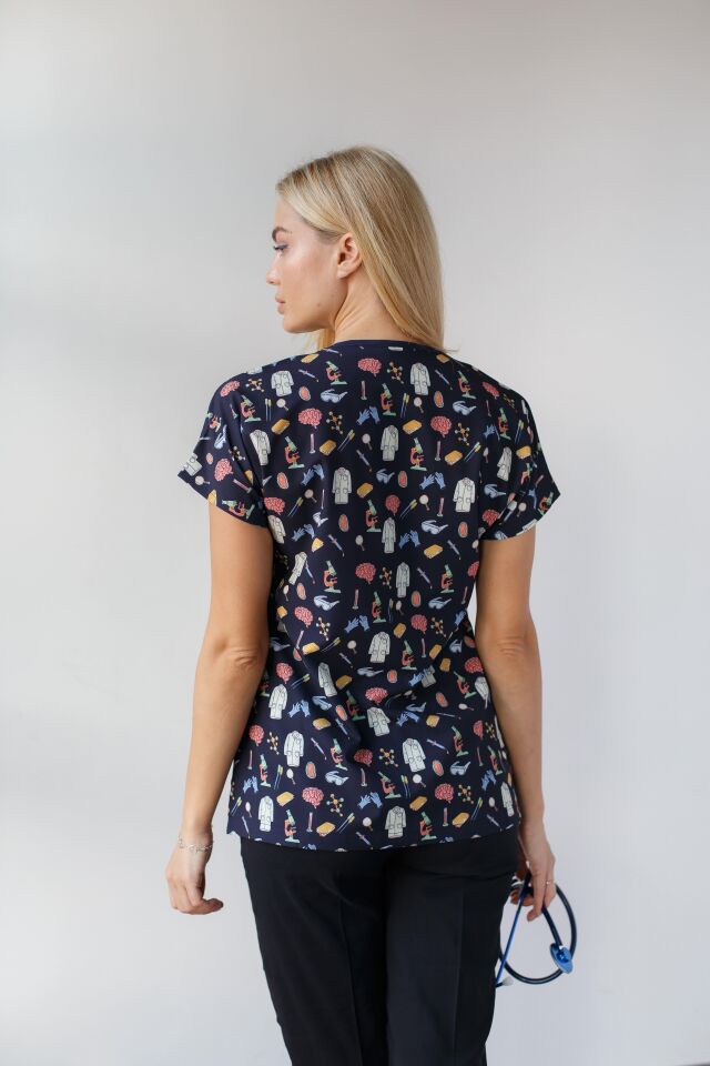 Kadın Likralı Yarasa Kol Hemşire Doktor Takım Mikroskop Desenli