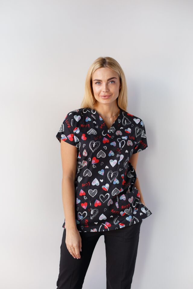 Kadın Likralı Yarasa Kol Hemşire Doktor Takım Kalp Desenli