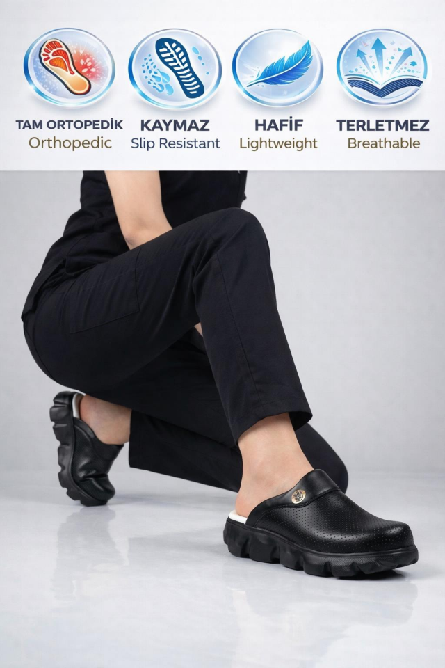 Sabo Terlik Ultra Hafif Hemşire Doktor Medikal Günlük Beyaz Ayıcık Flora 7901 Siyah