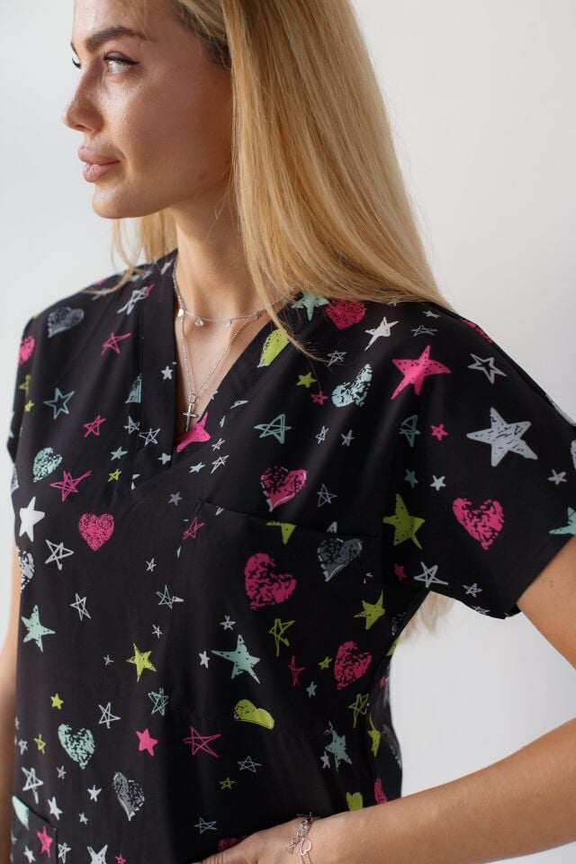 Kadın Likralı Yarasa Kol Hemşire Doktor Takım Yıldız Desenli Siyah