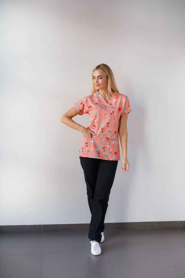 Kadın Likralı Yarasa Kol Hemşire Doktor Takım Maske Desenli Somon