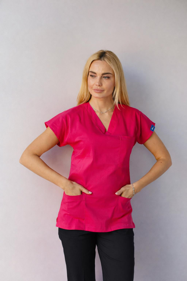 Üst Fuşya Alt Siyah Likralı Hemşire Doktor Forması Unisex Cerrahi Takım Mitra Set Scrubs Üniforma