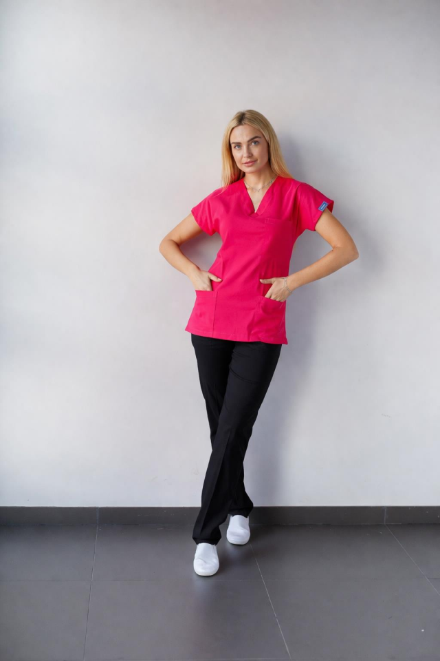 Üst Fuşya Alt Siyah Likralı Hemşire Doktor Forması Unisex Cerrahi Takım Mitra Set Scrubs Üniforma