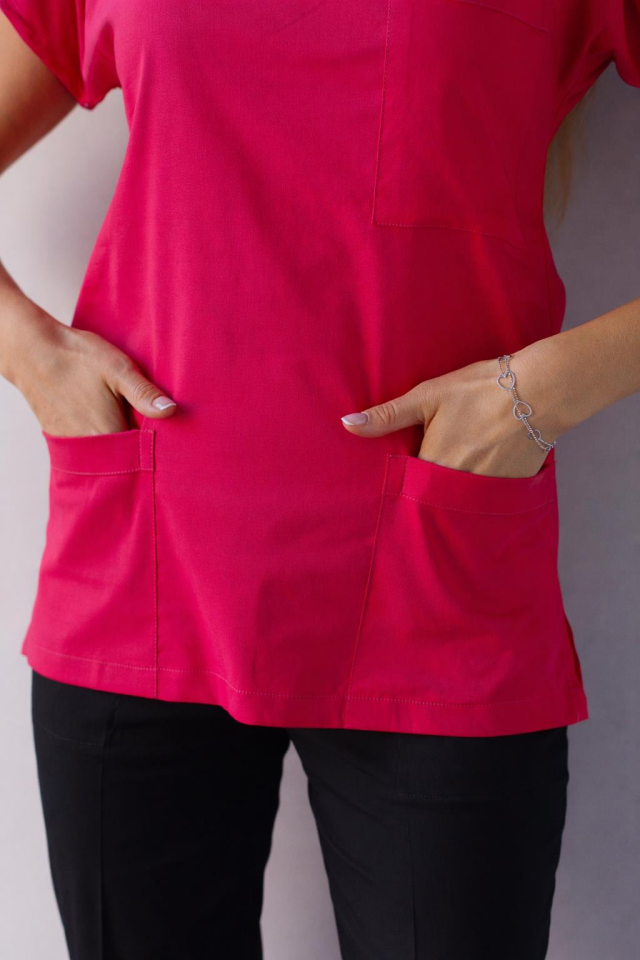 Üst Fuşya Alt Siyah Likralı Hemşire Doktor Forması Unisex Cerrahi Takım Mitra Set Scrubs Üniforma