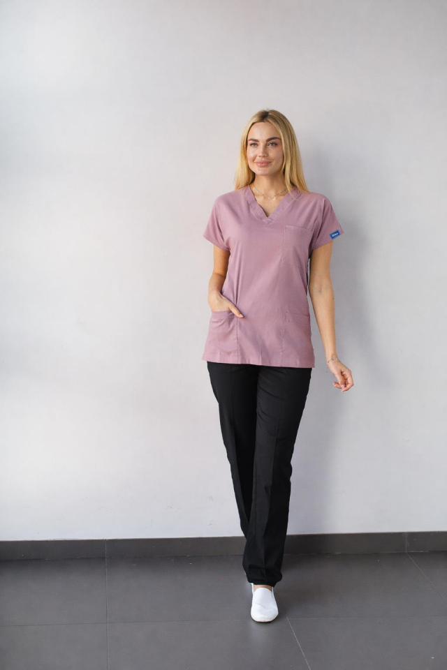 Üst Gül Kurusu Alt Siyah Likralı Hemşire Doktor Forması Unisex Cerrahi Takım Mitra Set Scrubs Üniforma