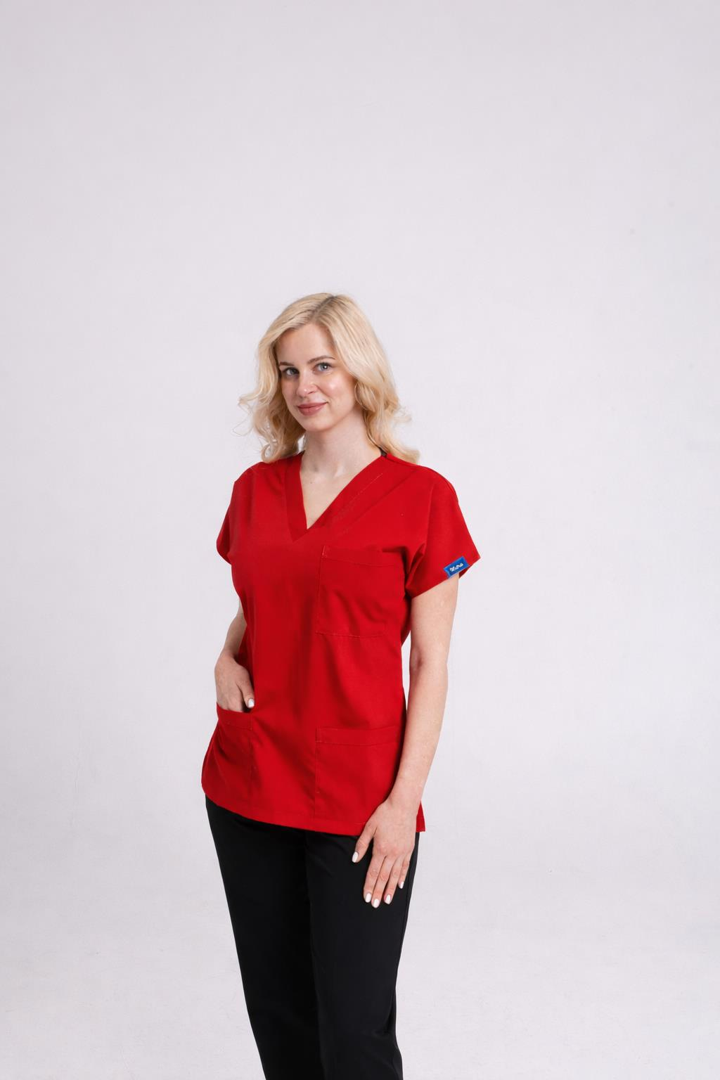 Üst Kırmızı Alt Siyah Likralı Hemşire Doktor Forması Unisex Cerrahi Takım Mitra Set Scrubs Üniforma