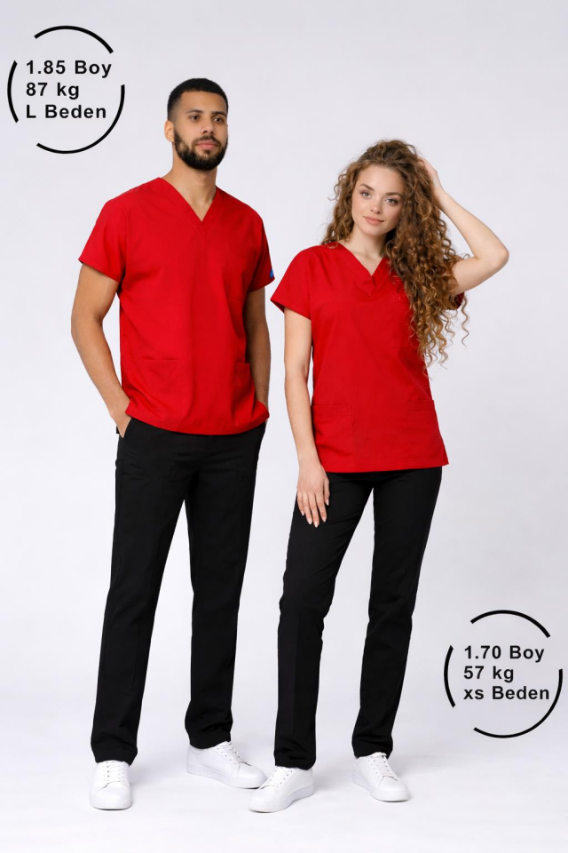 Üst Kırmızı Alt Siyah Likralı Hemşire Doktor Forması Unisex Cerrahi Takım Mitra Set Scrubs Üniforma