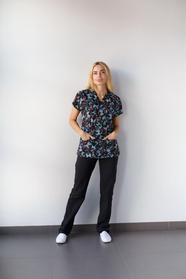 Kadın Likralı Yarasa Kol Hemşire Doktor Takım Yeşil Kelebek Desenli