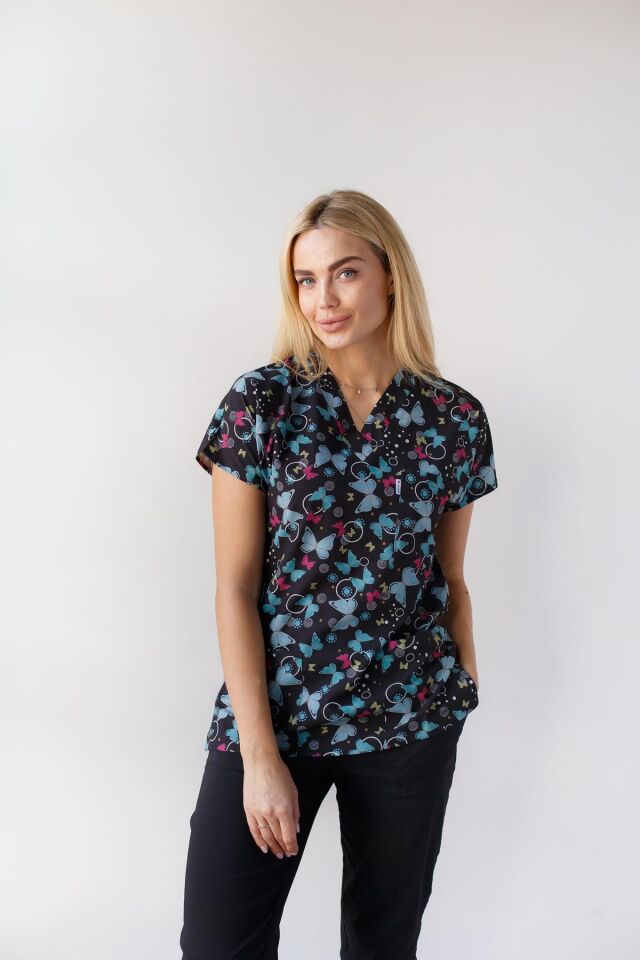 Kadın Likralı Yarasa Kol Hemşire Doktor Takım Yeşil Kelebek Desenli