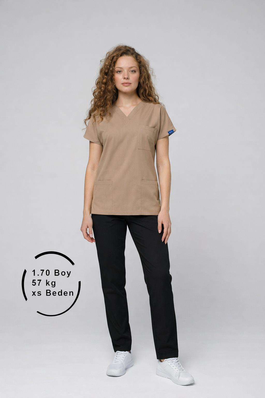 Üst Koyu Bej Alt Siyah Likralı Hemşire Doktor Forması Unisex Cerrahi Takım Mitra Set Scrubs Üniforma