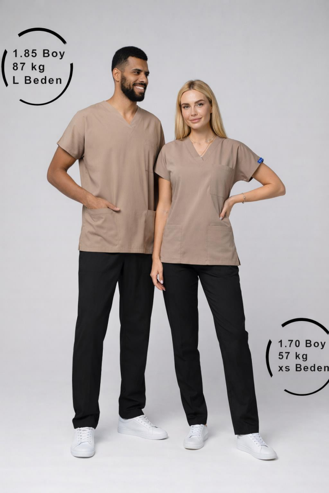 Üst Koyu Bej Alt Siyah Likralı Hemşire Doktor Forması Unisex Cerrahi Takım Mitra Set Scrubs Üniforma