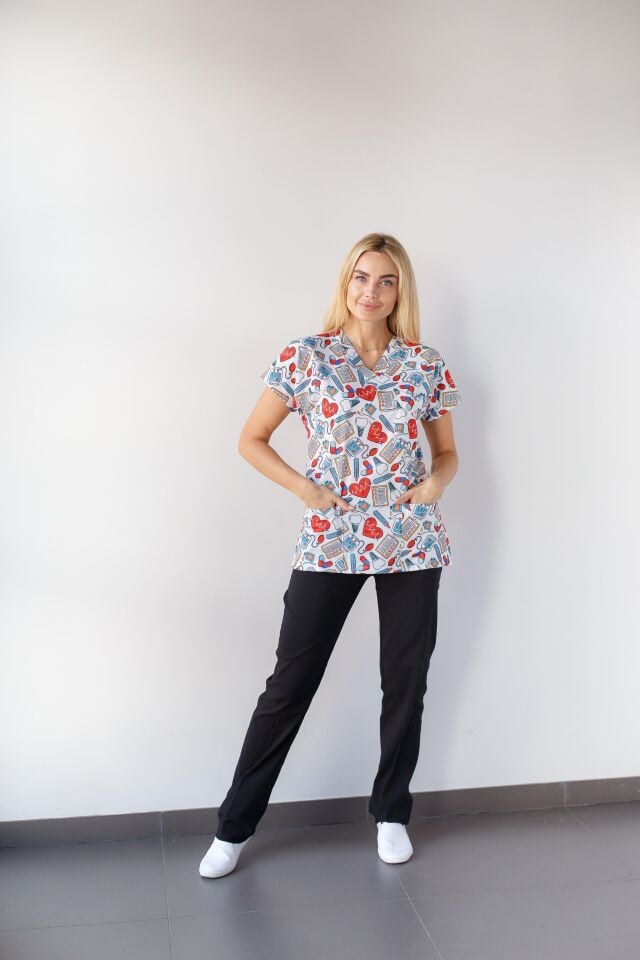 Kadın Likralı Yarasa Kol Hemşire Doktor Beyaz Tansiyon Desenli Tek Üst Forma