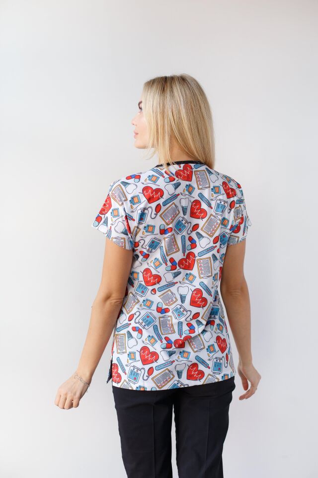 Kadın Likralı Yarasa Kol Hemşire Doktor Beyaz Tansiyon Desenli Tek Üst Forma