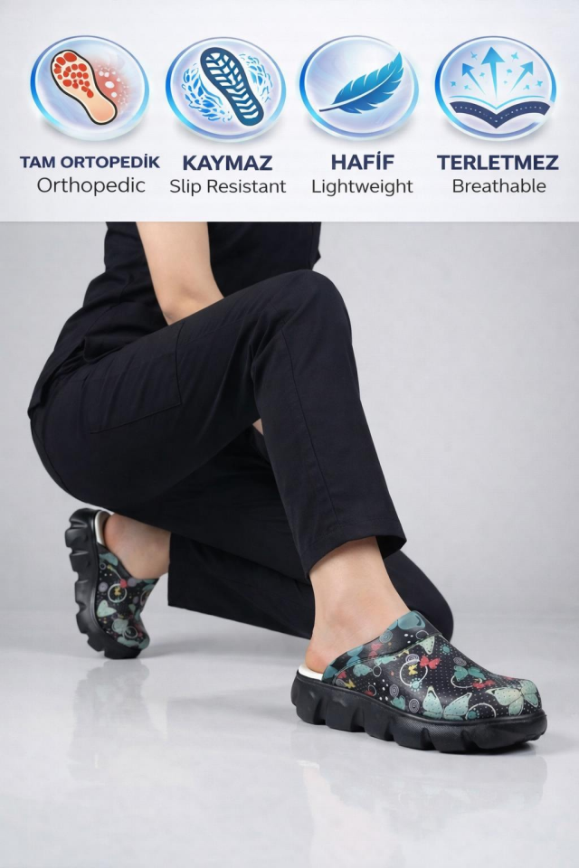 Sabo Terlik Ultra Hafif Hemşire Doktor Medikal Günlük Beyaz Ayıcık Flora 7411 Kelebek