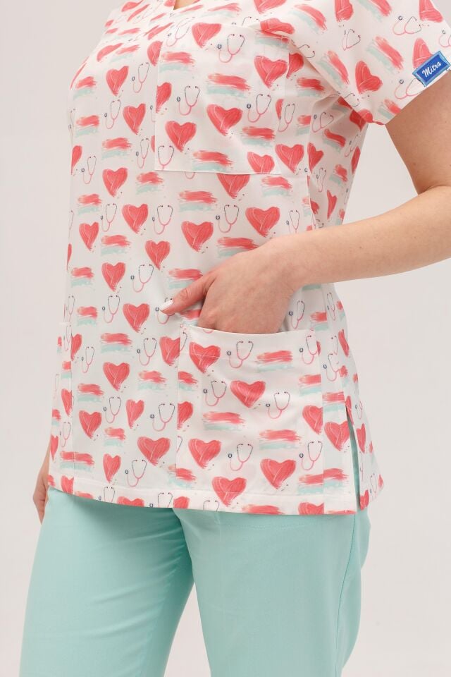 Kadın Likralı Yarasa Kol Hemşire Doktor Makyaj Desenli Tek Üst Forma