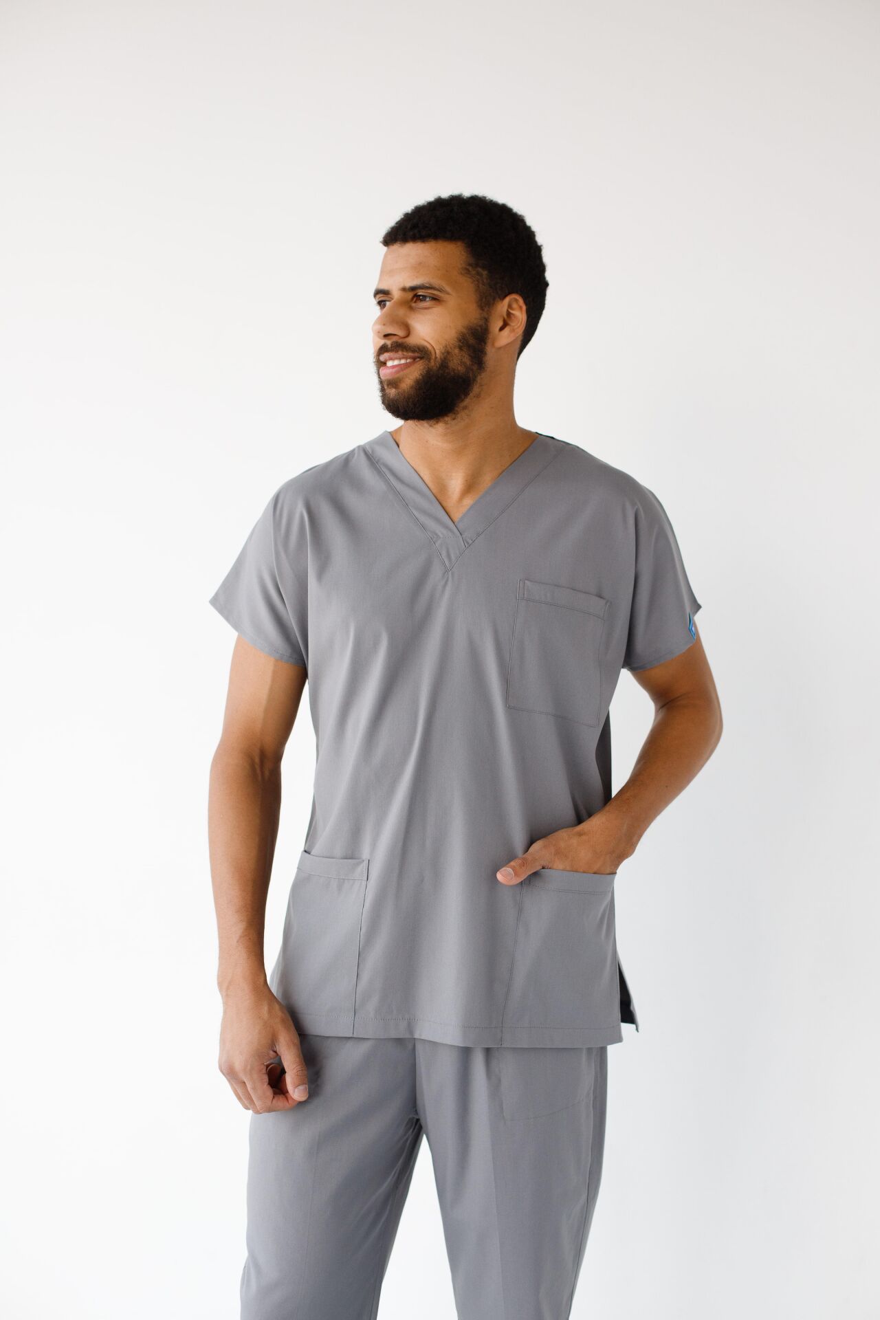 Erkek Likralı Yarasa Kol Hemşire Doktor Takım Gri