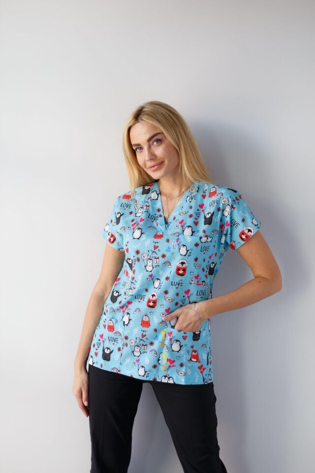Kadın Likralı Yarasa Kol Hemşire Doktor Penguen Desenli Tek Üst Forma
