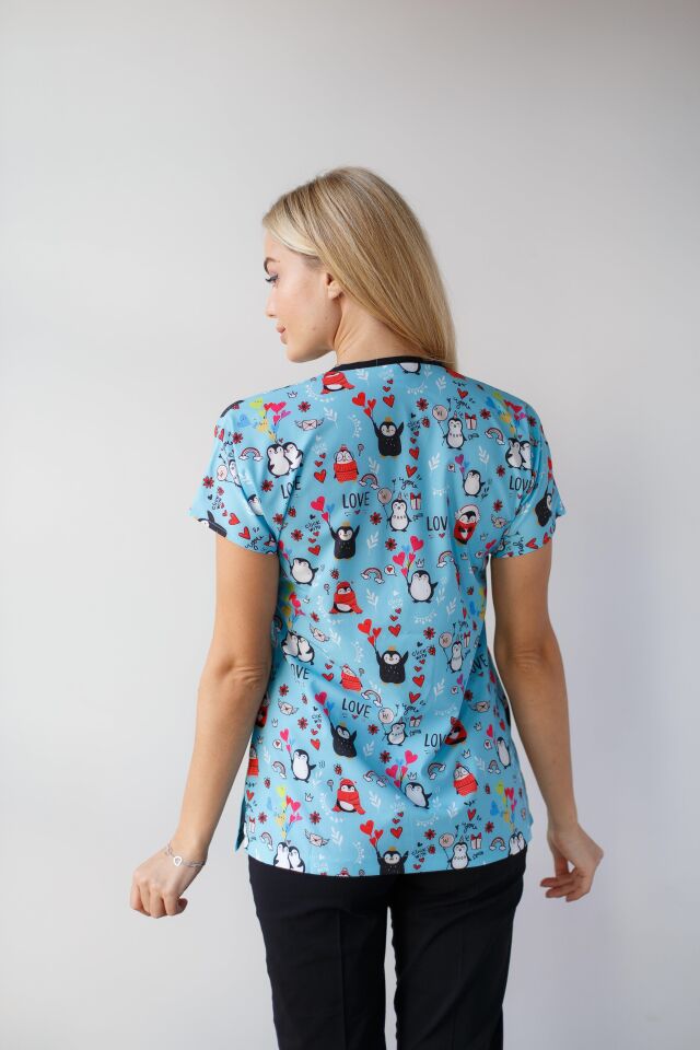 Kadın Likralı Yarasa Kol Hemşire Doktor Penguen Desenli Tek Üst Forma