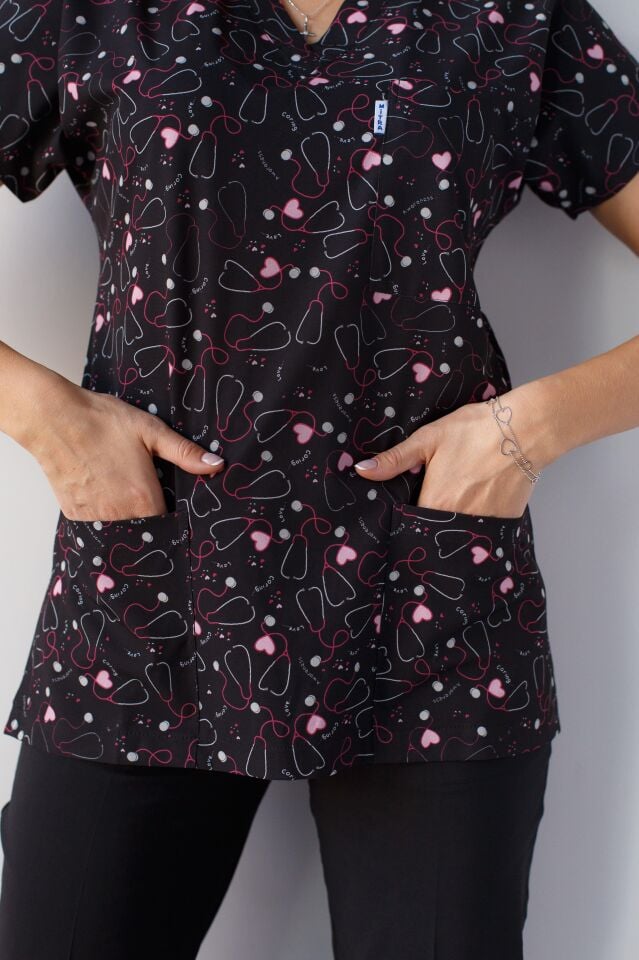 Kadın Likralı Yarasa Kol Hemşire Doktor Steteskop Desenli Siyah Tek Üst Forma