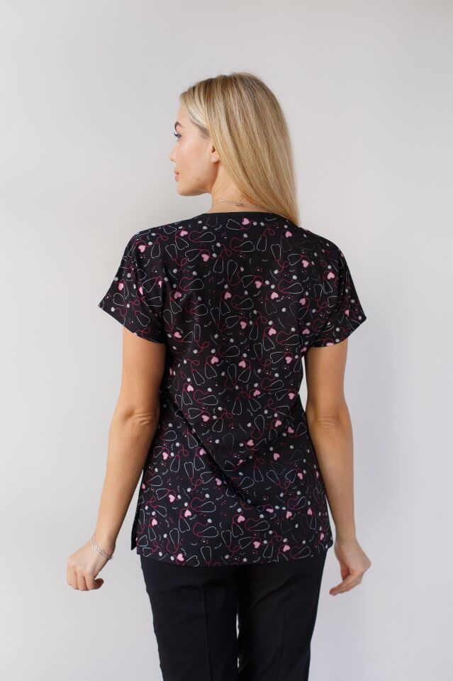 Kadın Likralı Yarasa Kol Hemşire Doktor Steteskop Desenli Siyah Tek Üst Forma