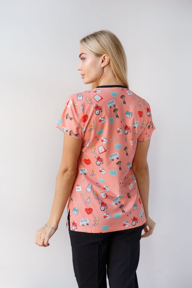 Kadın Likralı Yarasa Kol Hemşire Doktor Maske Desenli Tek Üst Forma