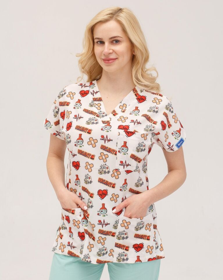 Kadın Likralı Yarasa Kol Hemşire Doktor Desenli Tek Üst Forma