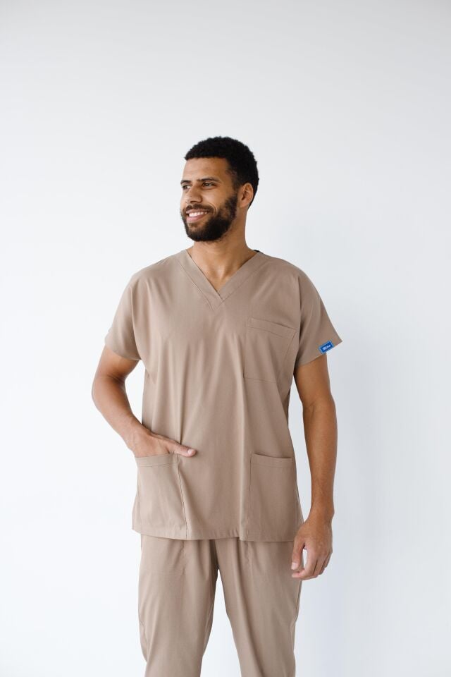 Erkek Likralı Yarasa Kol Hemşire Doktor Takım Bej
