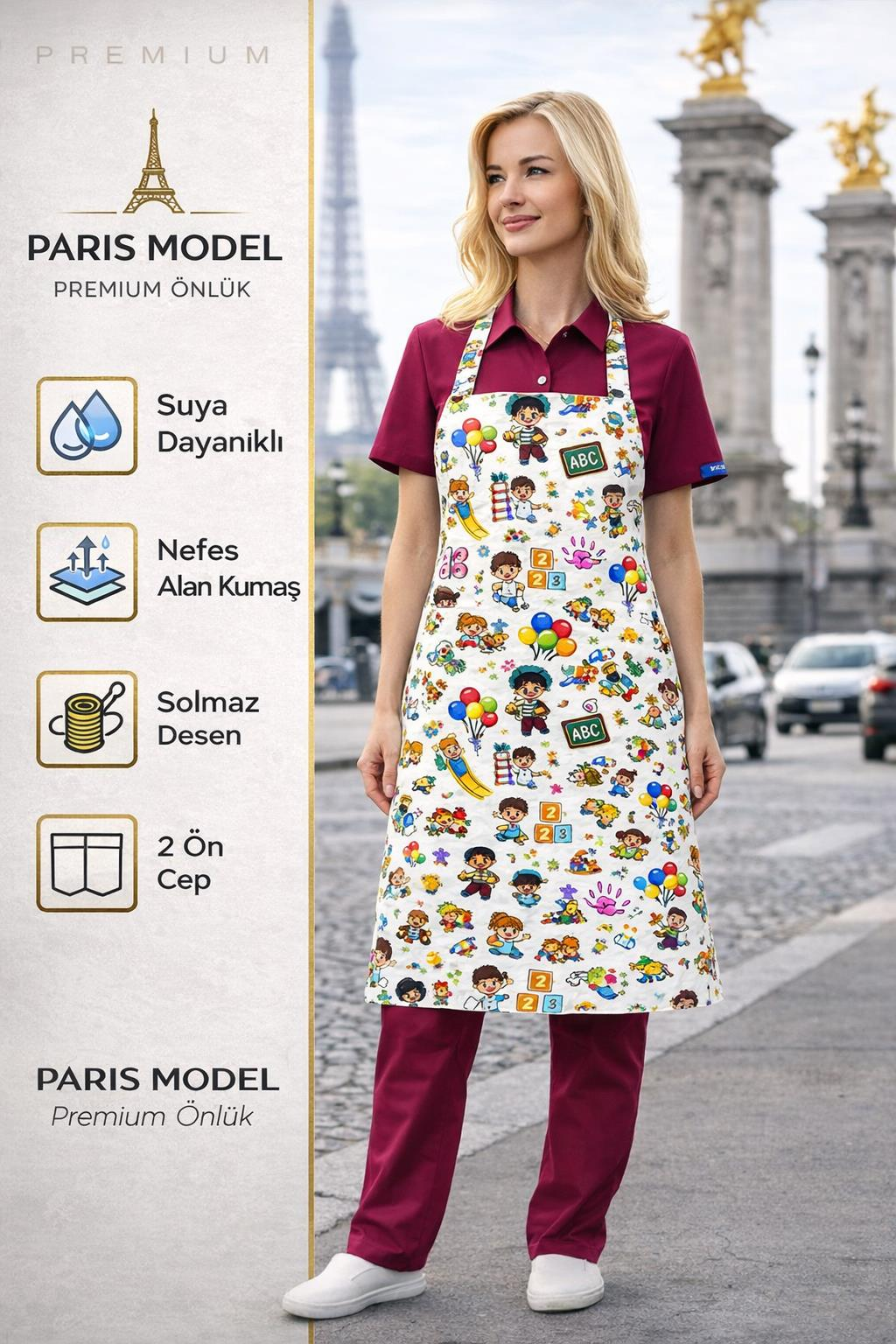 Mutfak Önlüğü – Anaokulu Çocuk Temalı, Suya Dayanıklı, 2 Geniş Cepli Renkli Önlük
