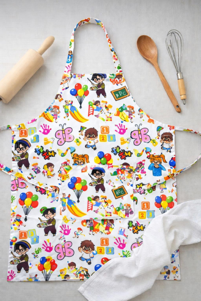 Mutfak Önlüğü – Anaokulu Çocuk Temalı, Suya Dayanıklı, 2 Geniş Cepli Renkli Önlük