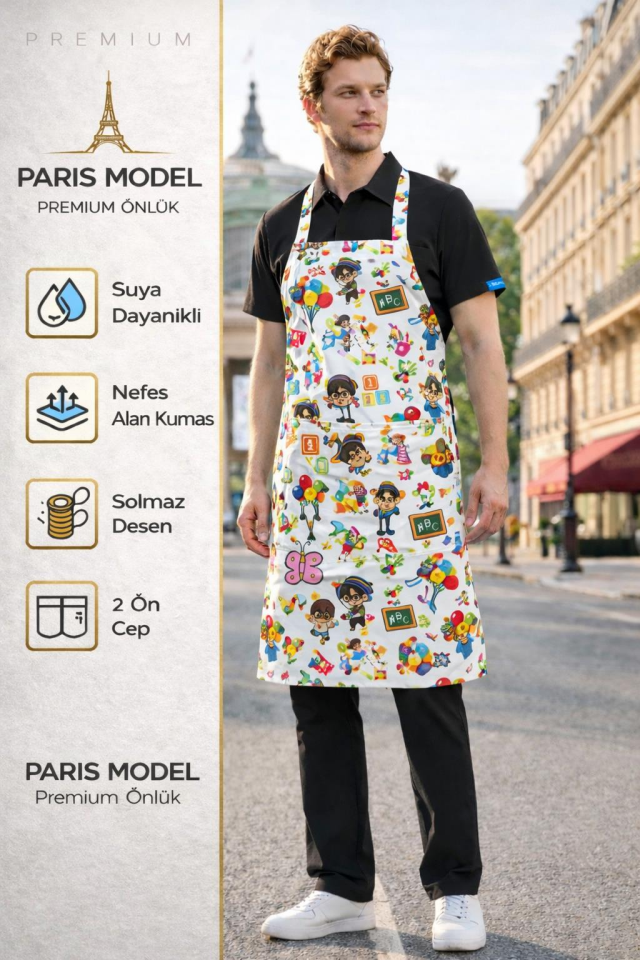 Mutfak Önlüğü – Anaokulu Çocuk Temalı, Suya Dayanıklı, 2 Geniş Cepli Renkli Önlük