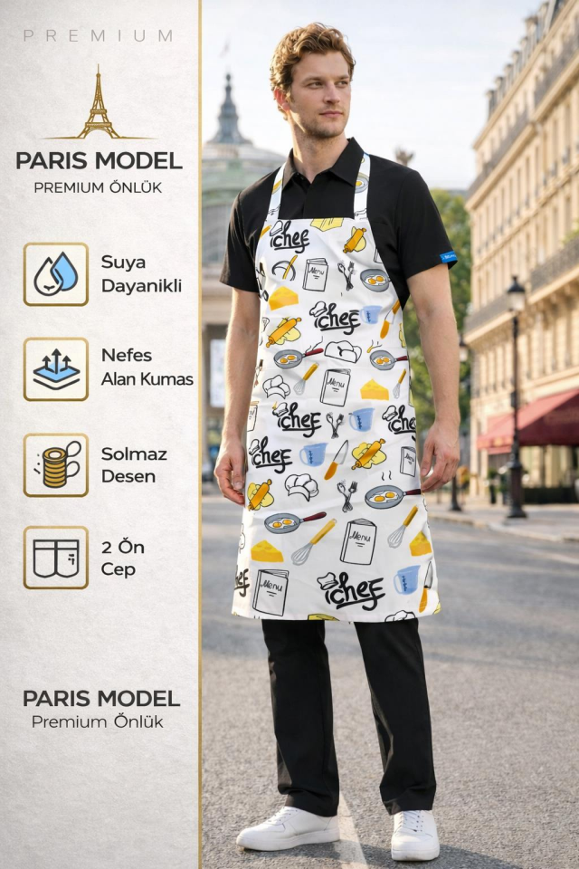 Mutfak Önlüğü – Mutfak Temalı, Suya Dayanıklı, 2 Geniş Cepli Renkli Önlük